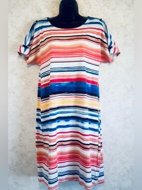 Rafaella Women's Striped Print 100% Cotton Dress Split Short Sleeve Size Large
